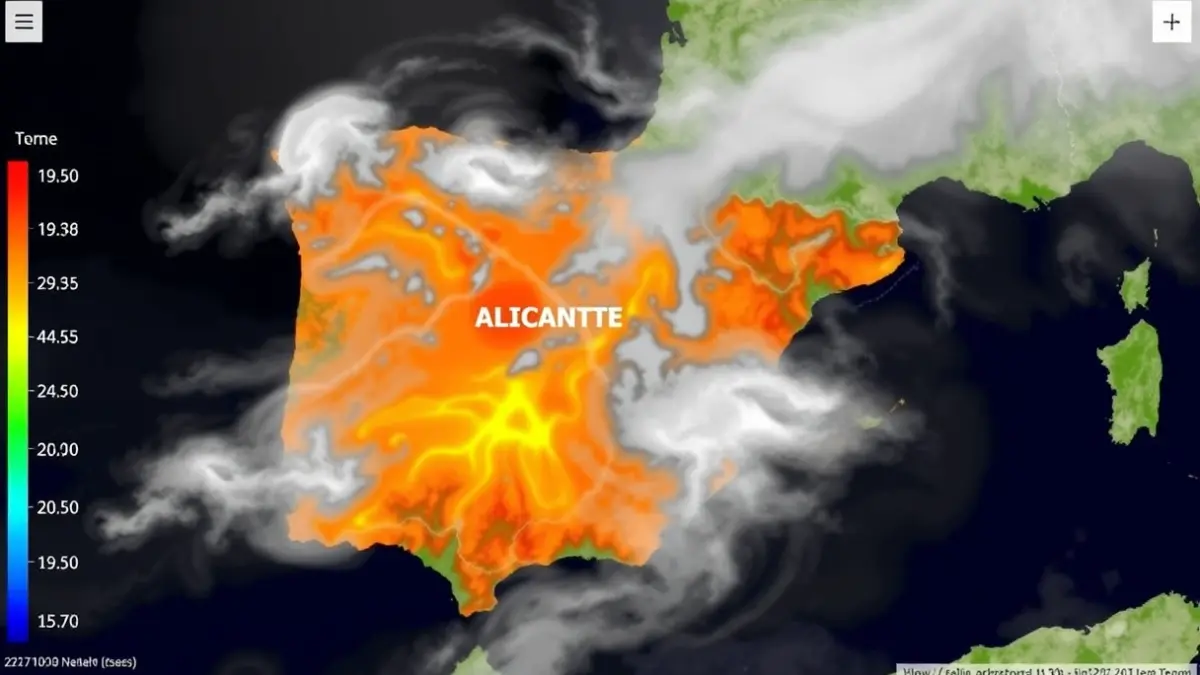 Imatge genèrica d'un mapa meteorològic amb temperatures i núvols sobre la Comunitat Valenciana, centrat en la província d'Alacant.