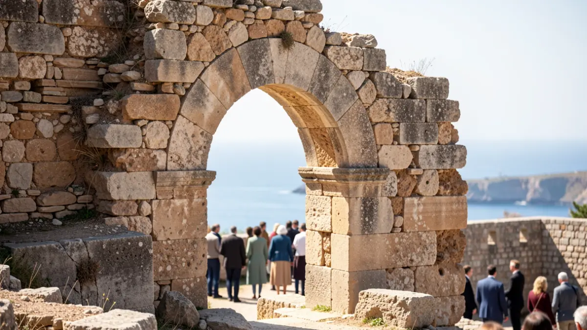 Generic image of an excavated ancient fortress archway with Mediterranean light and a sea view in the background.