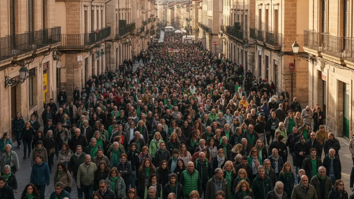 Generic image of a crowd of teachers protesting in a city street, holding banners and wearing green.