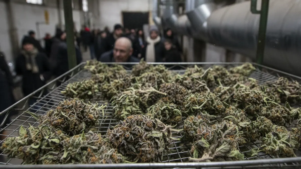 Image of marijuana buds drying in an industrial dryer, with blurred ventilation equipment in the background.