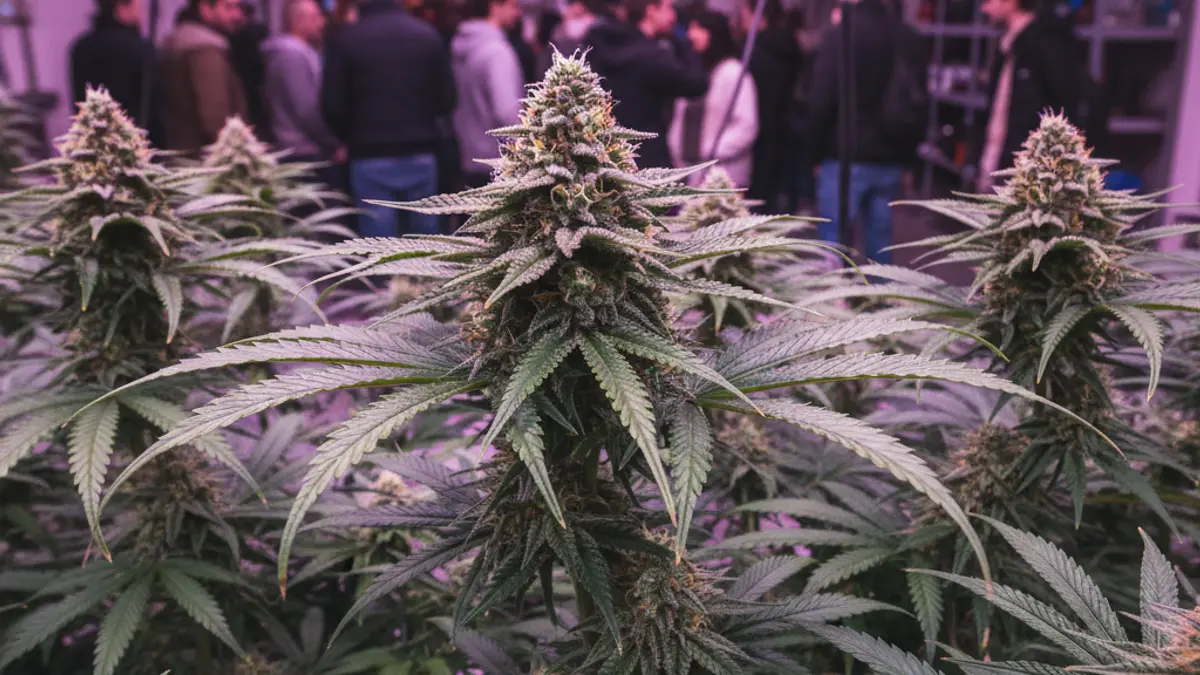 Generic image of cannabis plants in an indoor cultivation, with artificial lights.