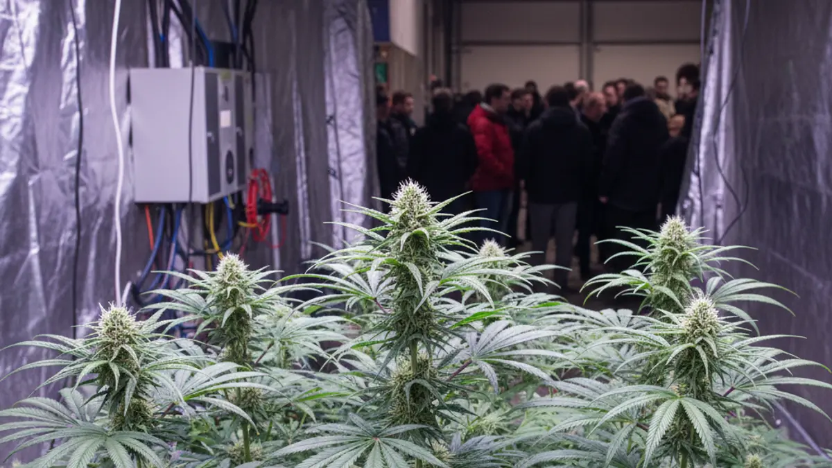 Imatge genèrica de plantes de marihuana en un cultiu interior, amb llums artificials.
