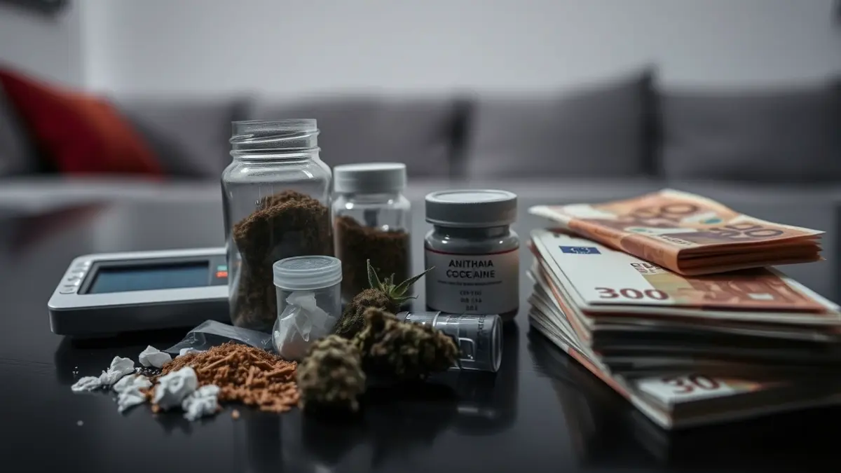 Image of various illicit substances, a precision scale, and cash, found in a home.