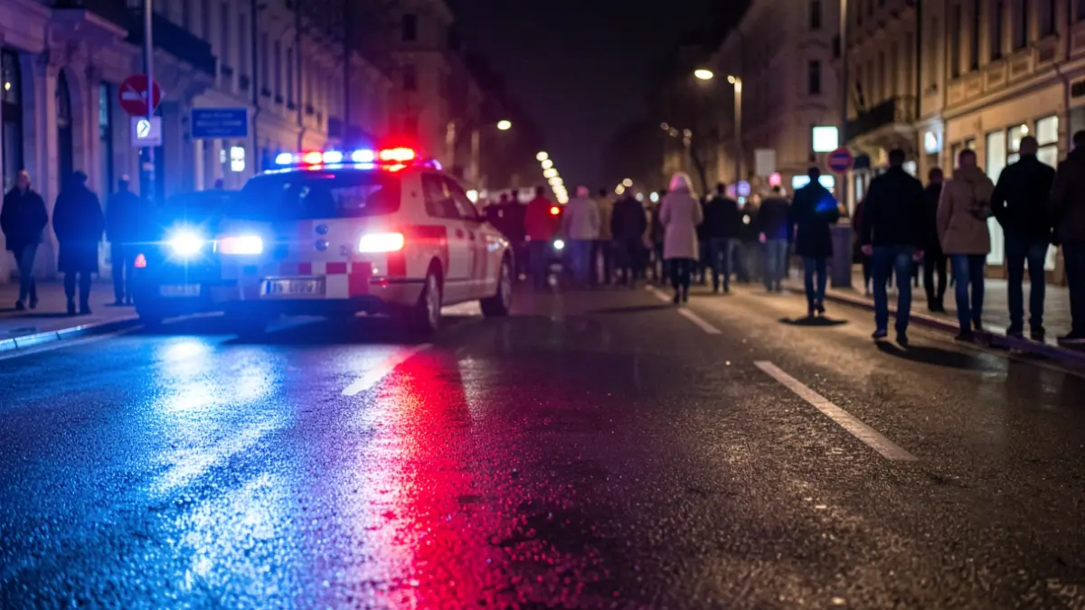 Generic image of police emergency lights reflecting on wet asphalt.