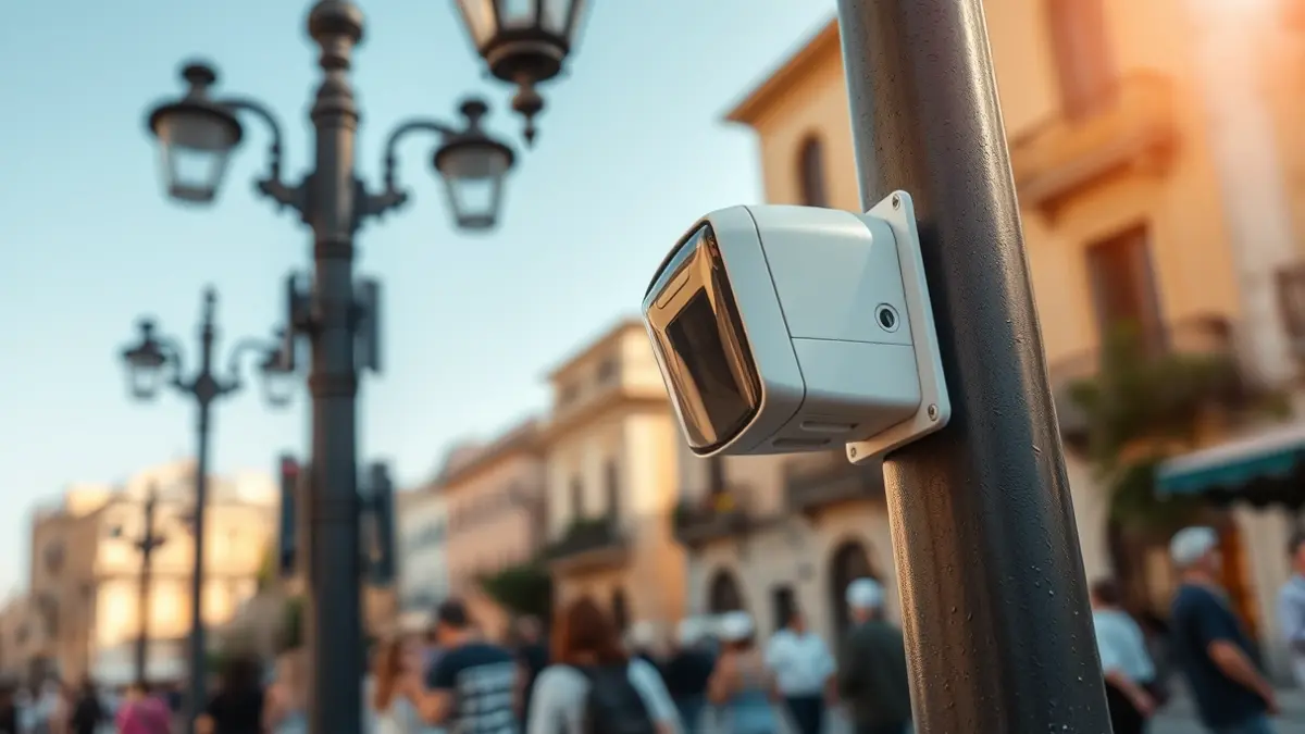 Generic image of a modern sensor installed on a lamppost in a Mediterranean city, with blurred people and buildings in the background.