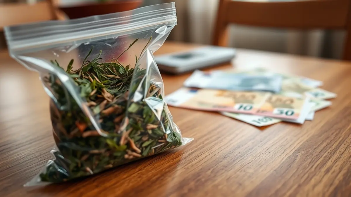 Imagen genérica de drogas incautadas, dinero en efectivo y una balanza de precisión.