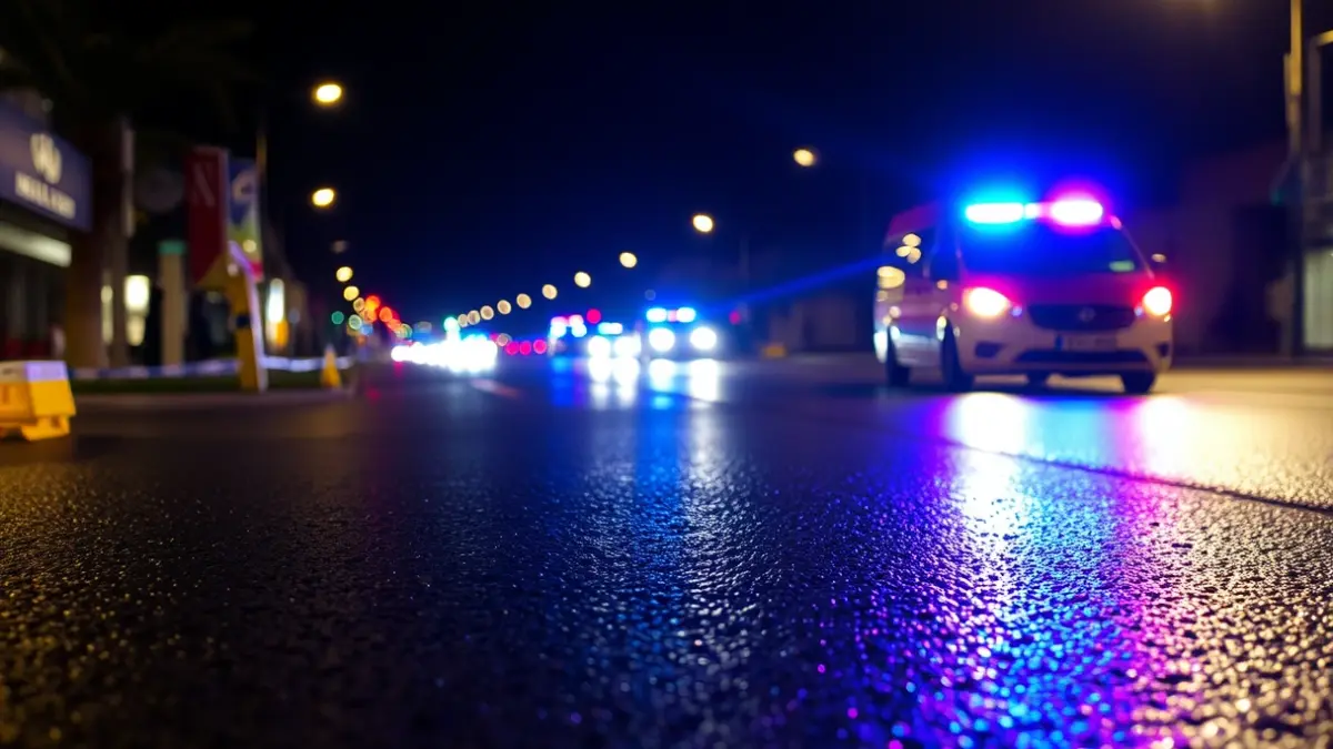 Generic image of emergency lights reflecting on wet asphalt at night in a Mediterranean city.
