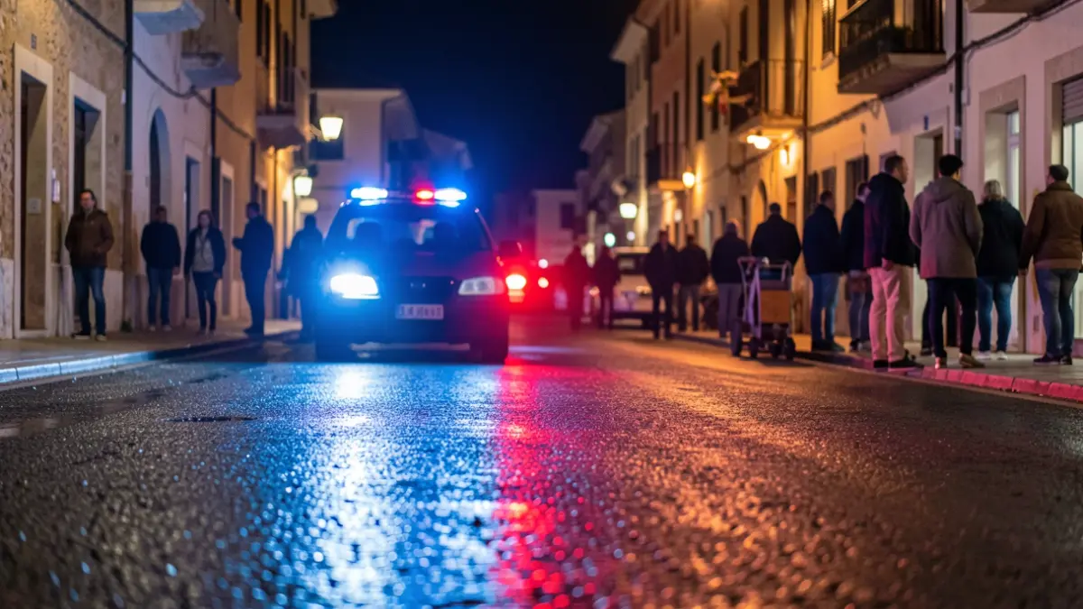 Imagen genérica de luces de emergencia policiales reflejándose en asfalto mojado de noche.