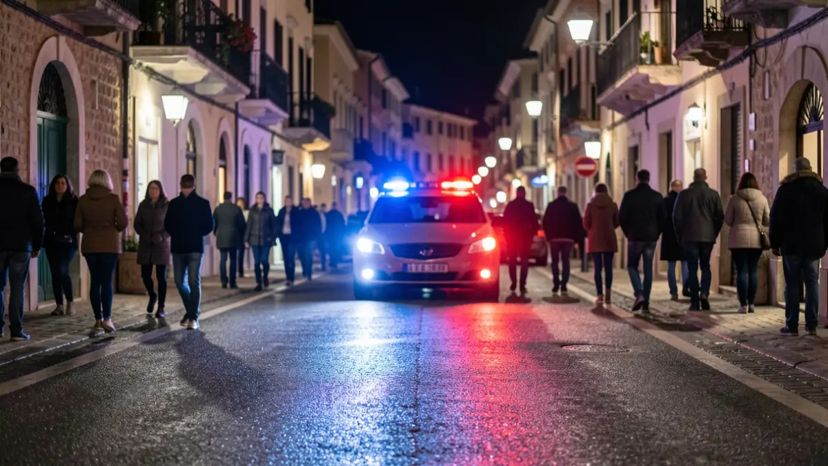 Imatge genèrica de llums d'emergència policials reflectint-se en asfalt mullat de nit.