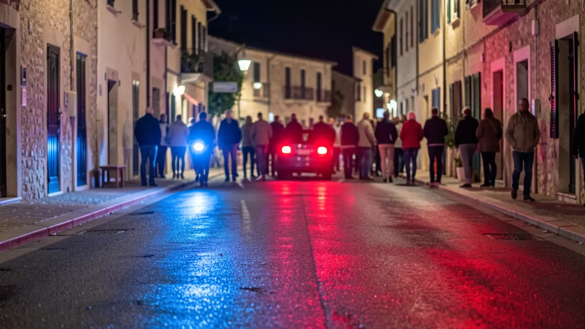 Imagen genérica de luces de emergencia policiales reflejándose en asfalto mojado de noche.