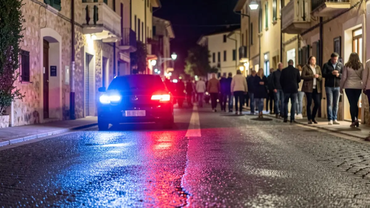 Imagen genérica de luces de emergencia policiales reflejándose en asfalto mojado.
