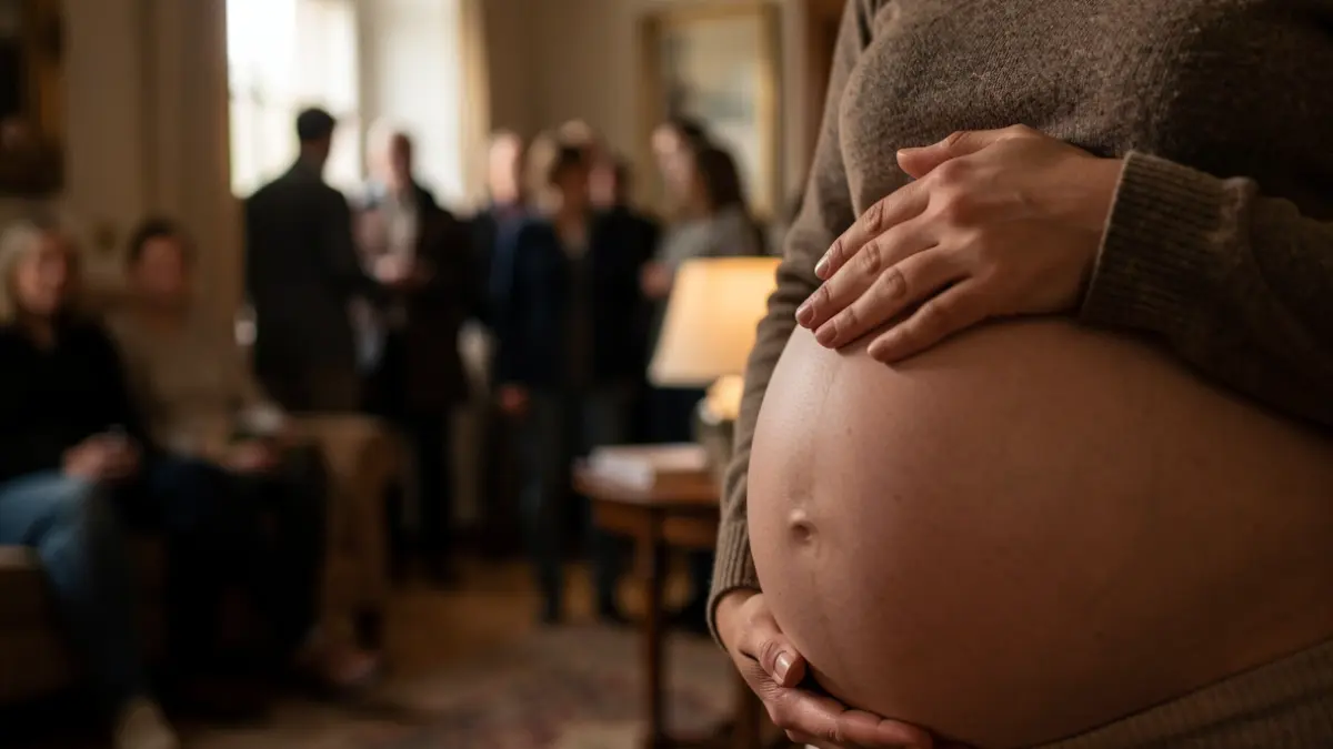 Generic image of a pregnant woman with a hand protecting her belly.