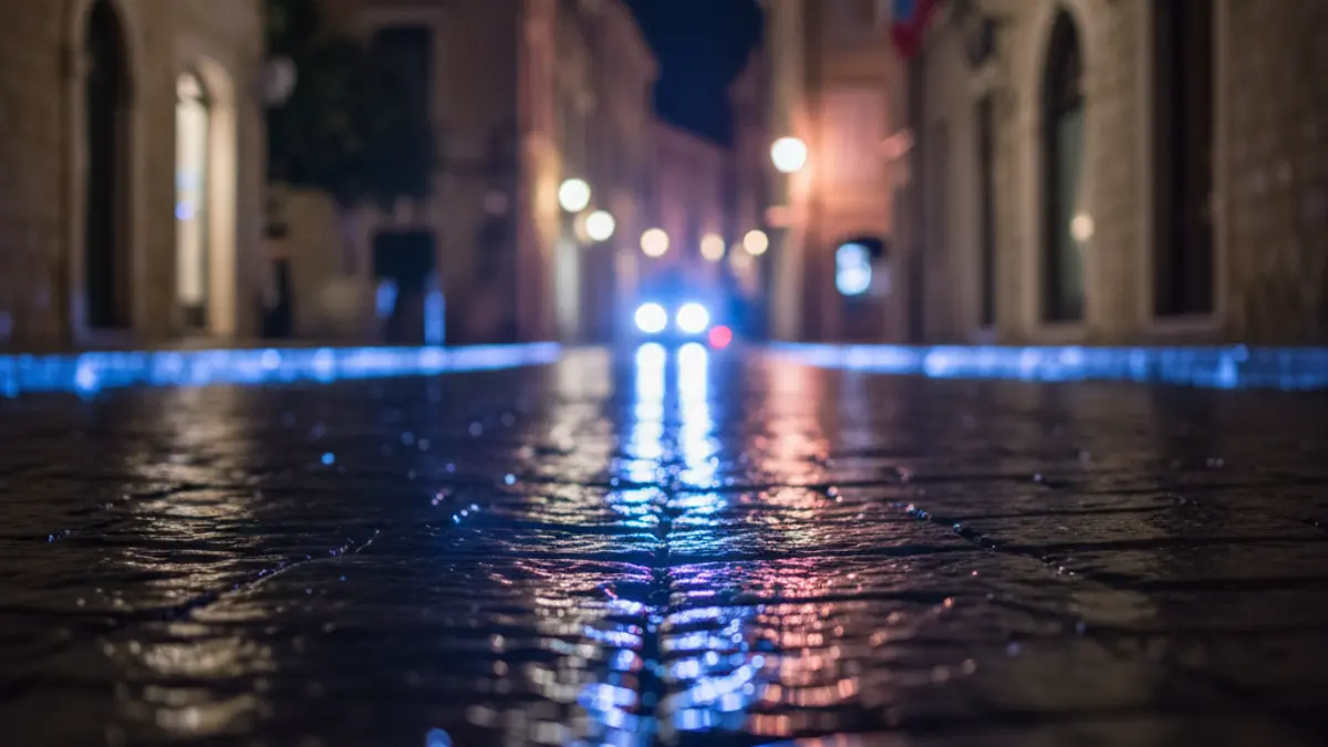 Imatge genèrica de llums d'emergència blaves i roges reflectint-se en asfalt mullat de nit, en un entorn urbà mediterrani.