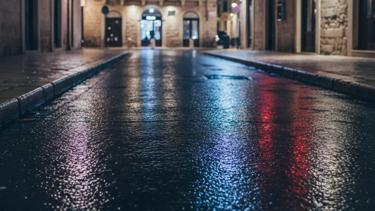 Generic image of emergency lights reflecting on wet asphalt at night, with no vehicles visible.