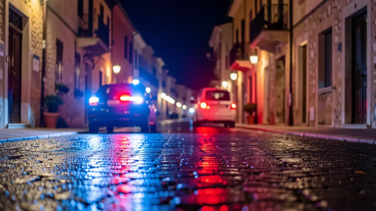 Imatge genèrica de llums d'emergència policial reflectides en l'asfalt durant la nit.