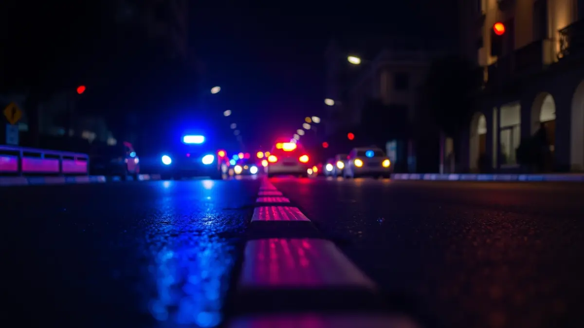 Imagen genérica de luces de emergencia azules y rojas reflejándose en el asfalto mojado de noche, sin vehículos visibles, en un entorno de ciudad mediterránea.