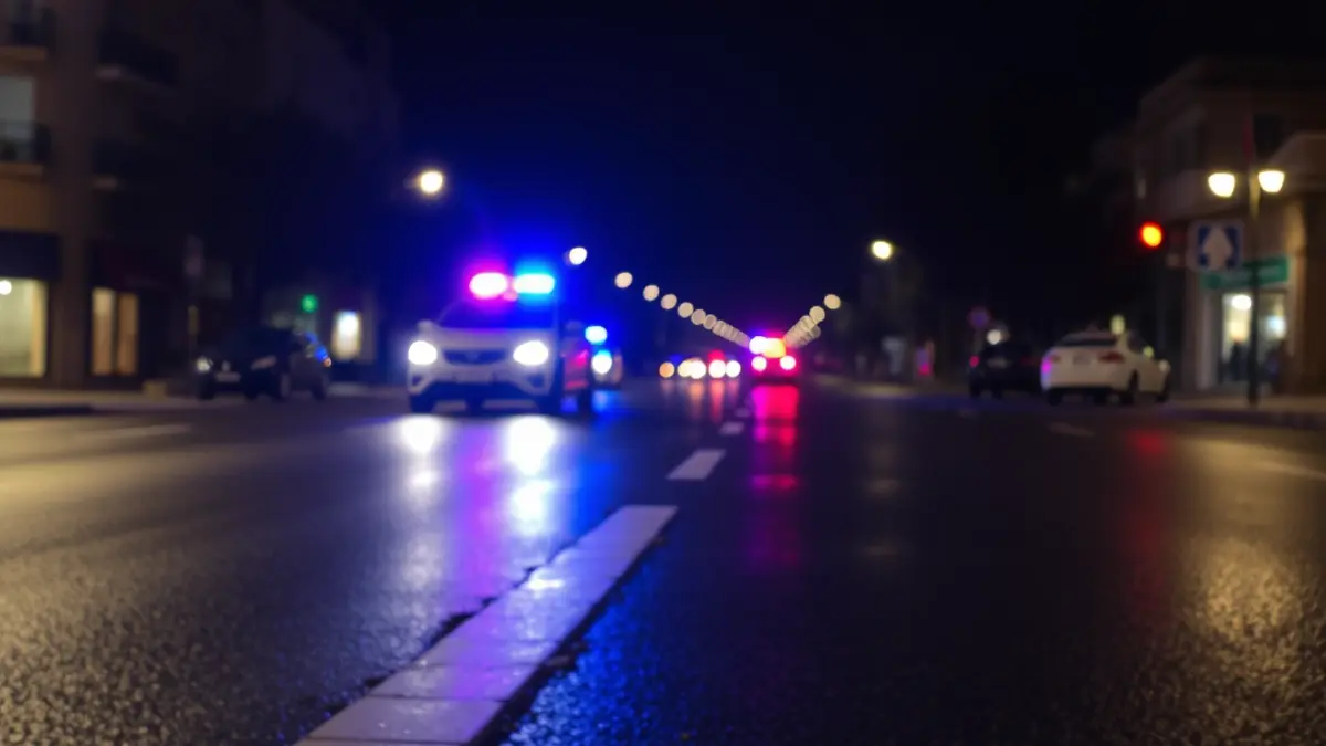 Imagen genérica de luces de emergencia reflejándose en el asfalto mojado de noche, sin vehículos visibles.