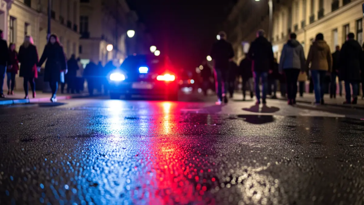 Generic image of police emergency lights reflecting on wet asphalt at night.