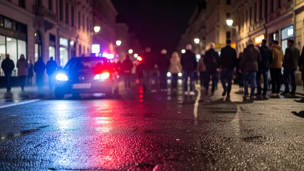 Imagen genérica de luces de emergencia policiales reflejándose en asfalto mojado.