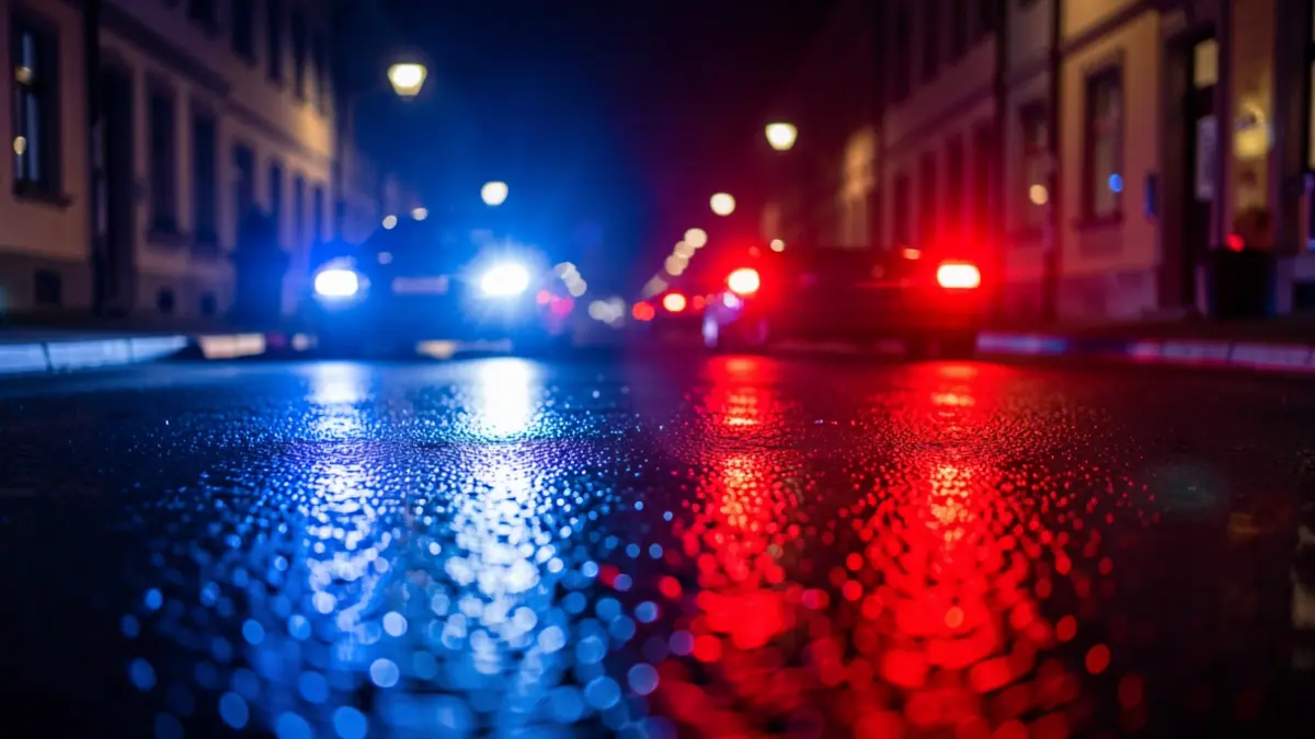 Generic image of police emergency lights reflecting on asphalt at night.