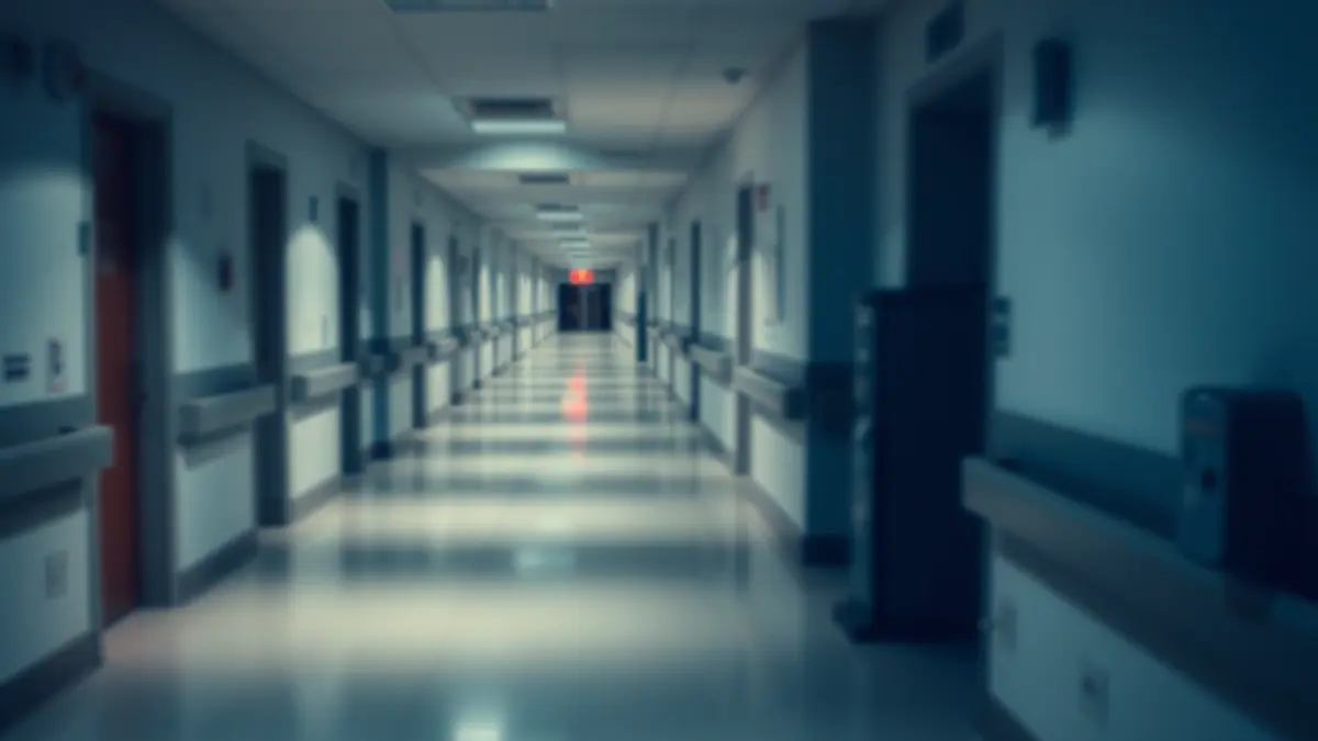 Imagen genérica de un pasillo de hospital de noche, con luces suaves y estériles.