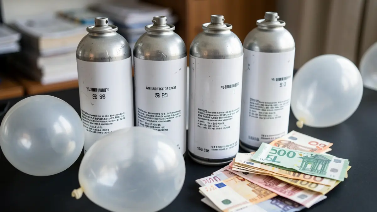Imatge genèrica de quatre botelles de gas del riure, globus i diners intervinguts.