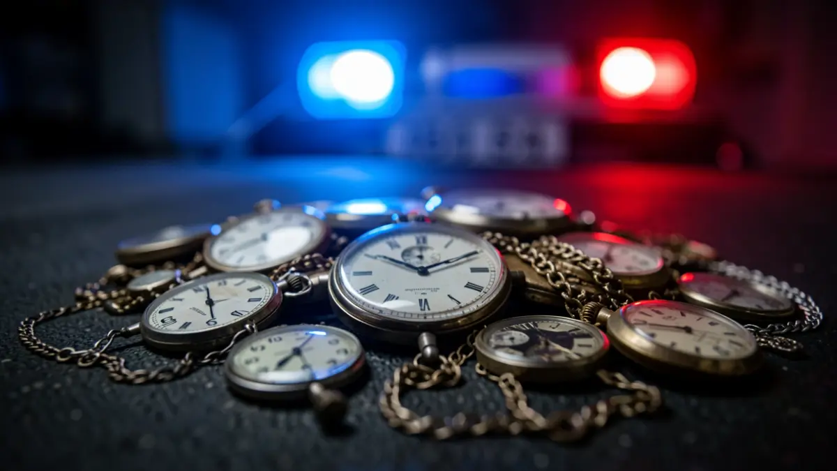 Generic image of watches and jewelry under police emergency lights.