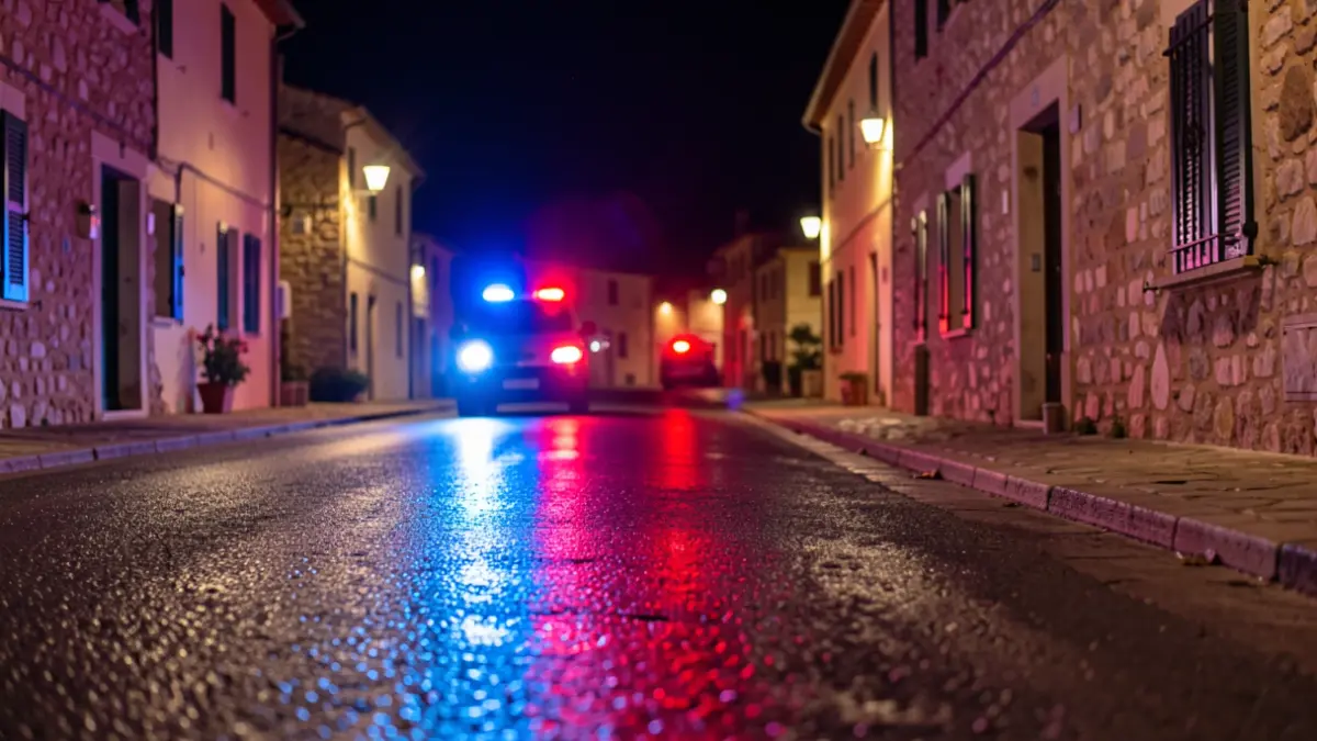 Imatge genèrica de llums d'emergència policials reflectint-se en asfalt mullat.
