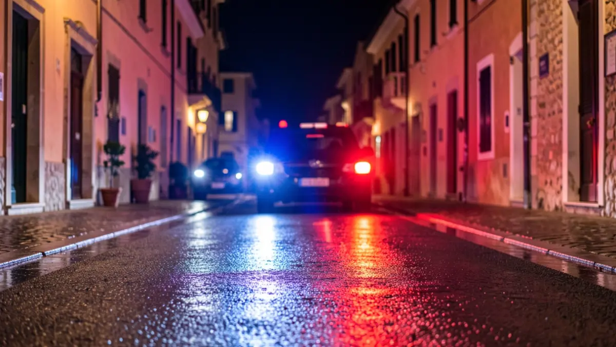 Imagen genérica de luces de emergencia policial reflejadas en el asfalto durante la noche.