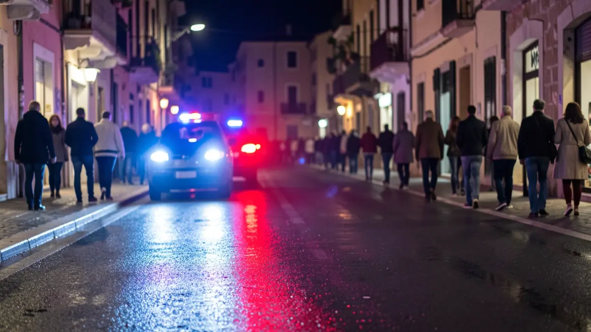 Imagen genérica de luces de emergencia policiales reflejándose en asfalto mojado.