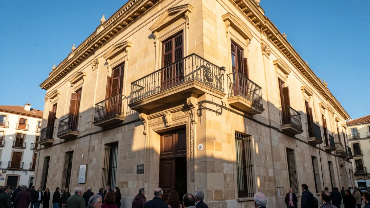 Generic image of a Valencian town hall facade with a balcony and iron railings, afternoon light.
