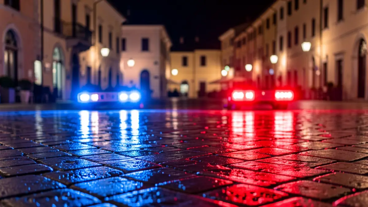 Generic image of police emergency lights reflecting on wet asphalt.