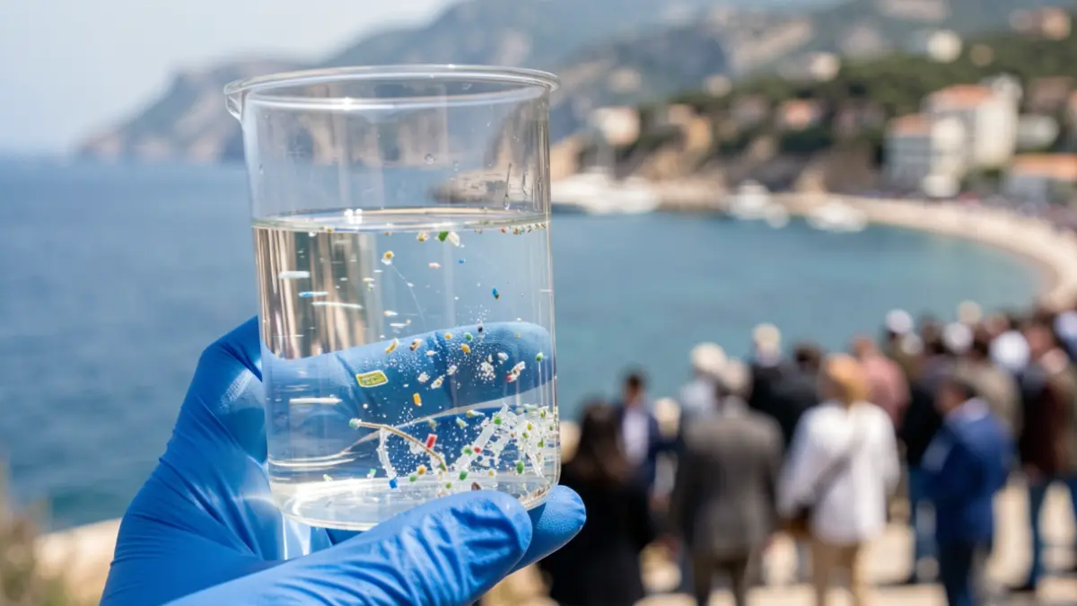 Generic image of microplastics in a water sample with the coast in the background.
