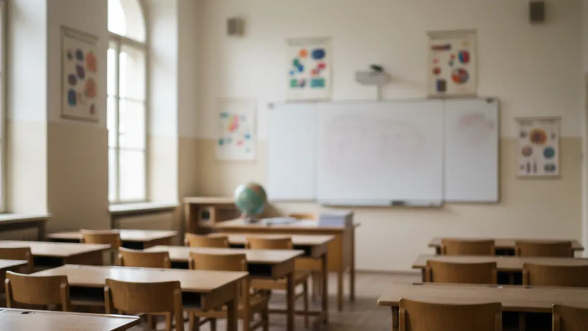 Generic image of an empty classroom, with desks and chairs, and a whiteboard in the background.