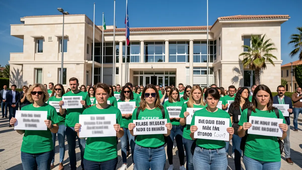 Generic image of teachers protesting in front of an official building with protest signs.