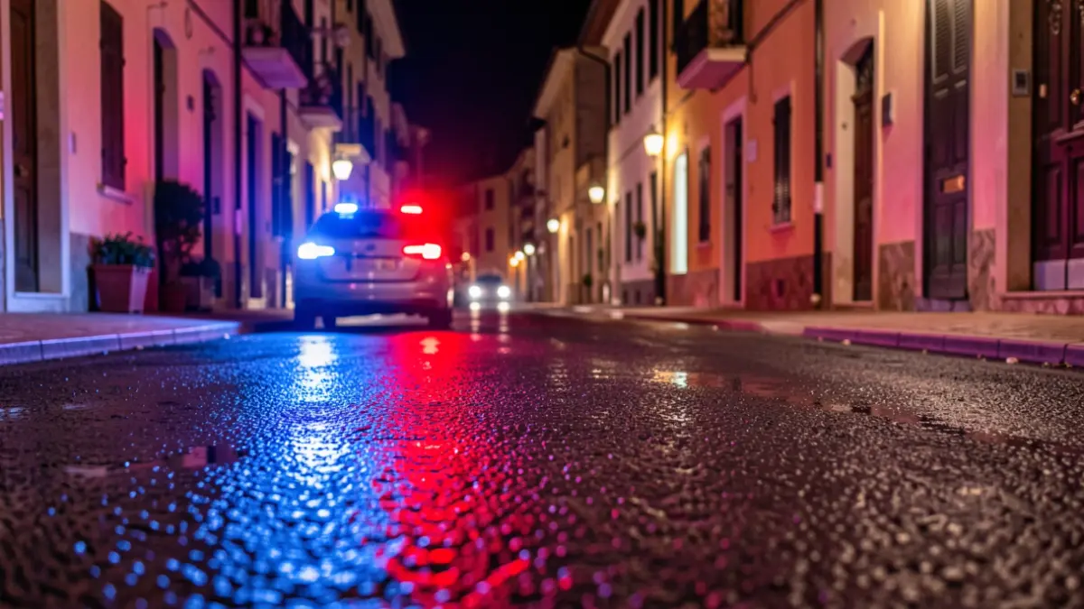 Generic image of police emergency lights reflecting on wet asphalt at night.