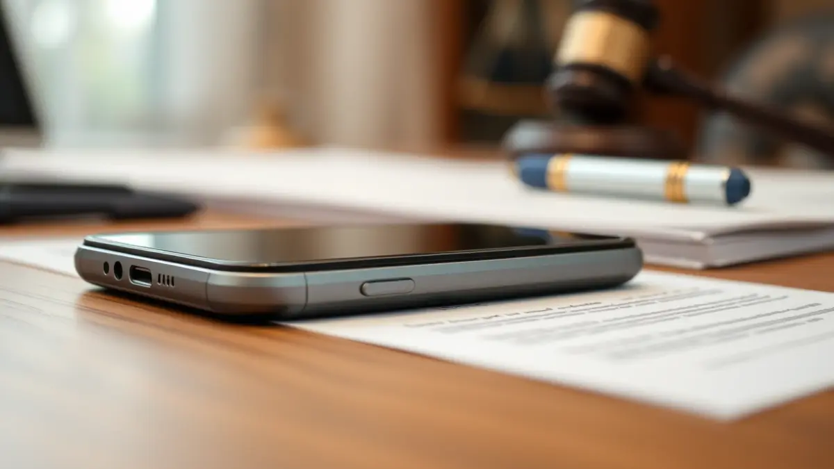 Imatge genèrica d'un telèfon mòbil sobre una taula, amb documents legals desenfocats al fons.