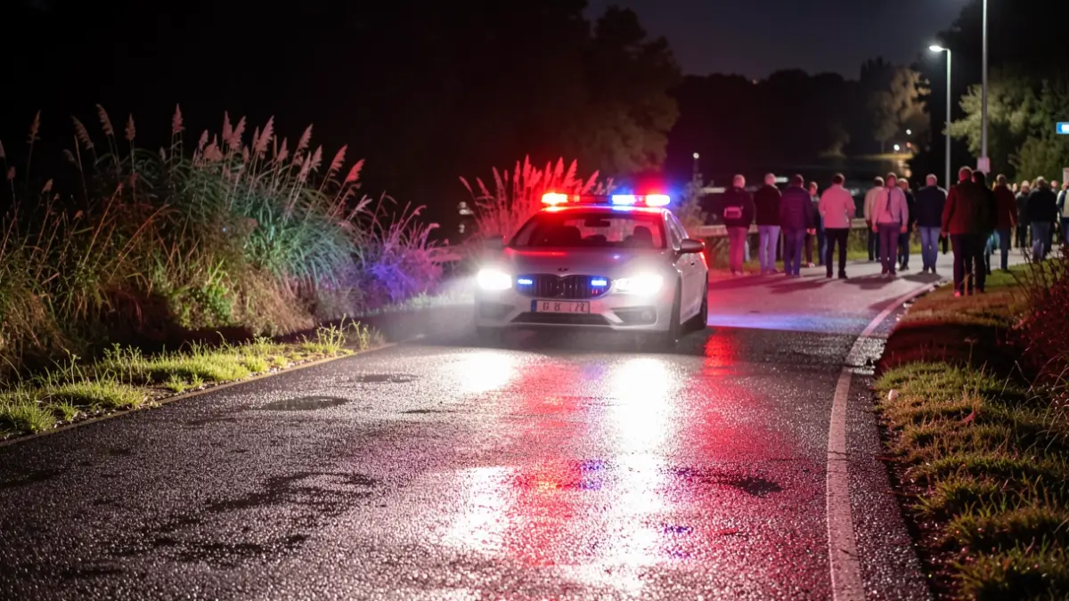 Generic image of emergency lights reflecting on wet asphalt at night near a riverbank, with blurred vegetation and a partially submerged car.