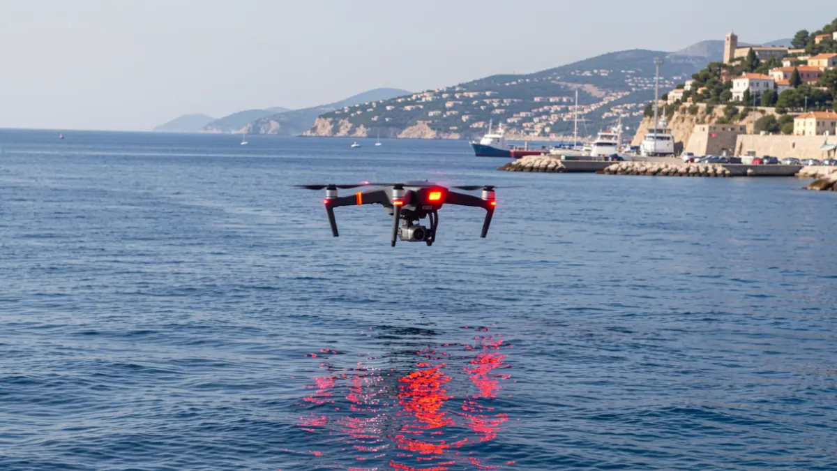 Image of a drone flying over the sea near a port.