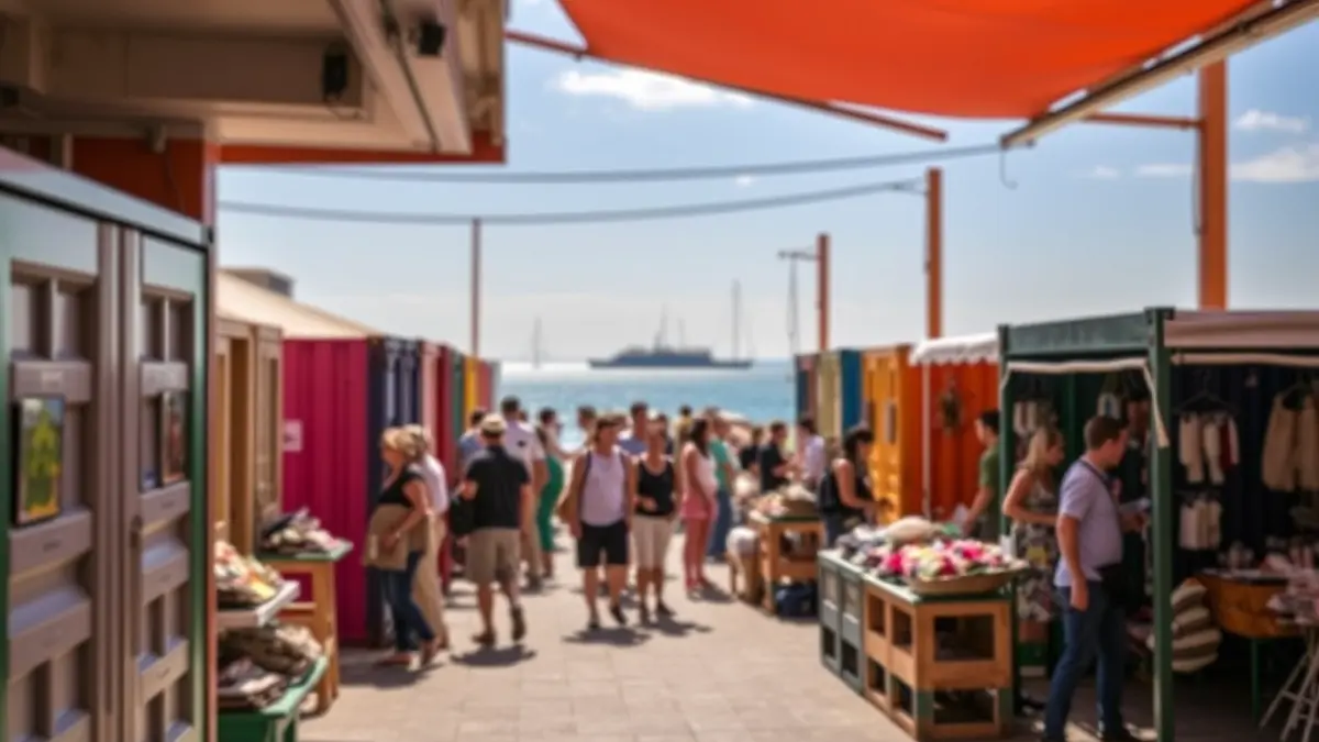 Imagen de un mercado al aire libre en La Marina de Valencia, con contenedores marítimos reconvertidos en puestos y actividades infantiles.