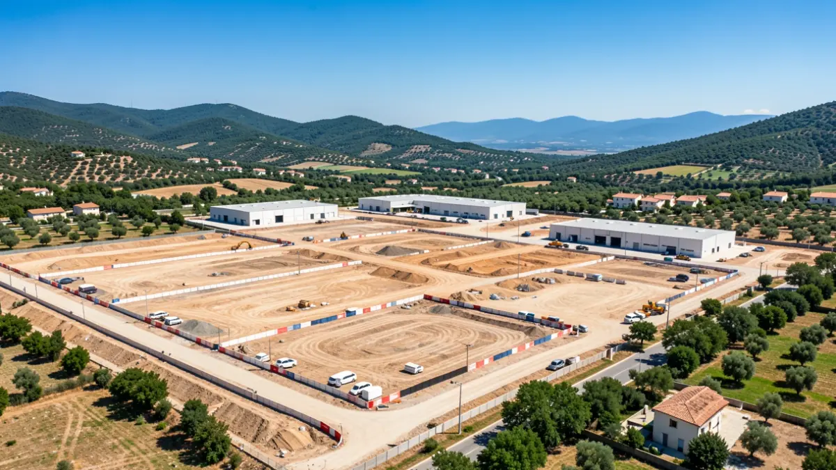 Imatge genèrica d'un parc industrial en construcció en un entorn mediterrani.