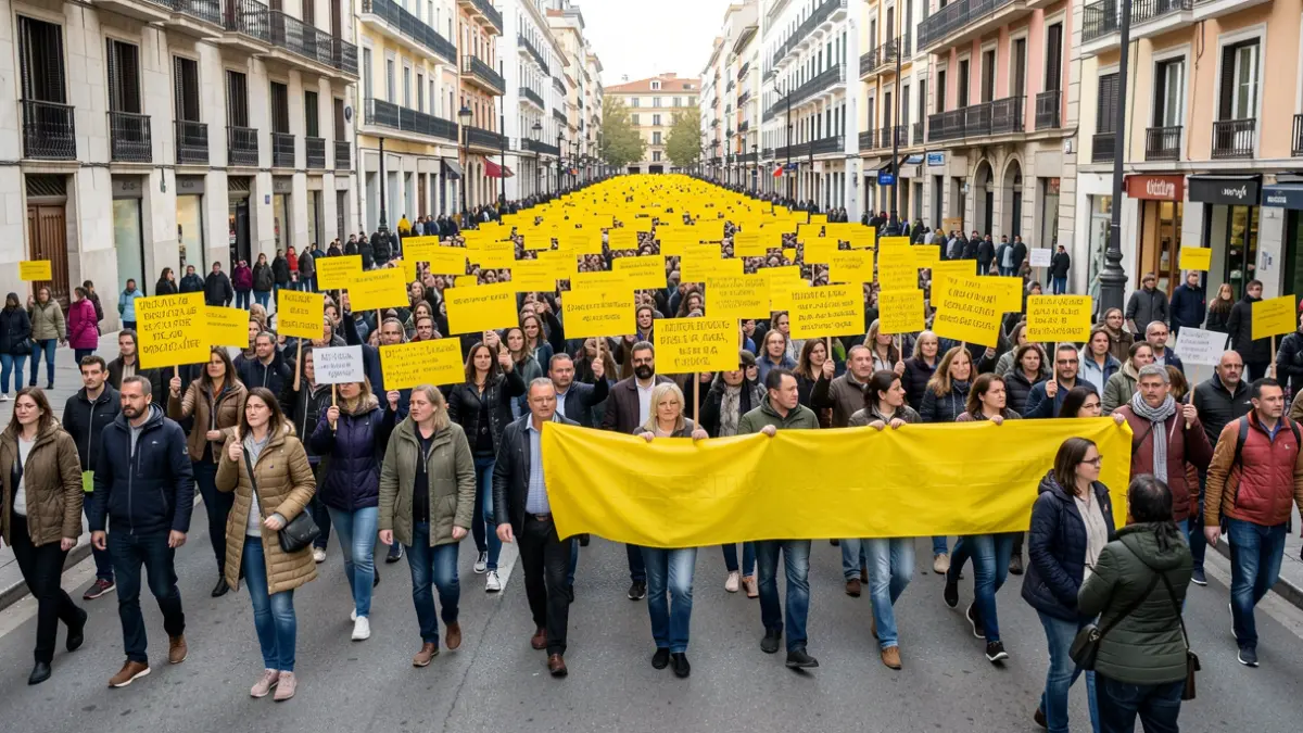 Imatge genèrica d'una manifestació multitudinària amb pancartes grogues a Madrid.