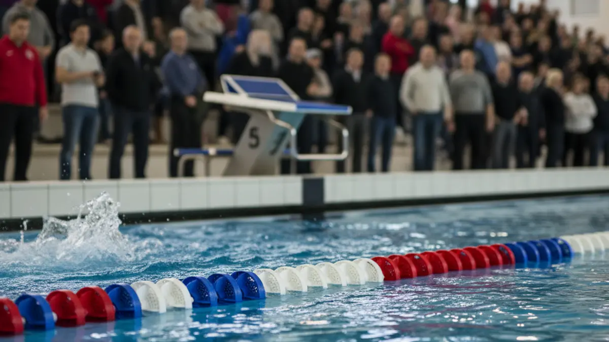 Imatge genèrica d'una piscina amb cordes de carril i un bloc d'eixida, amb llum brillant.