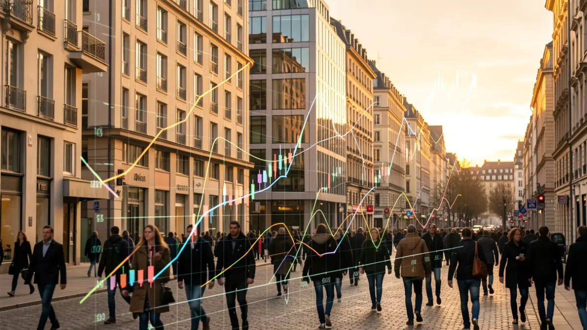 Imatge genèrica de ciutat europea amb gràfics financers.