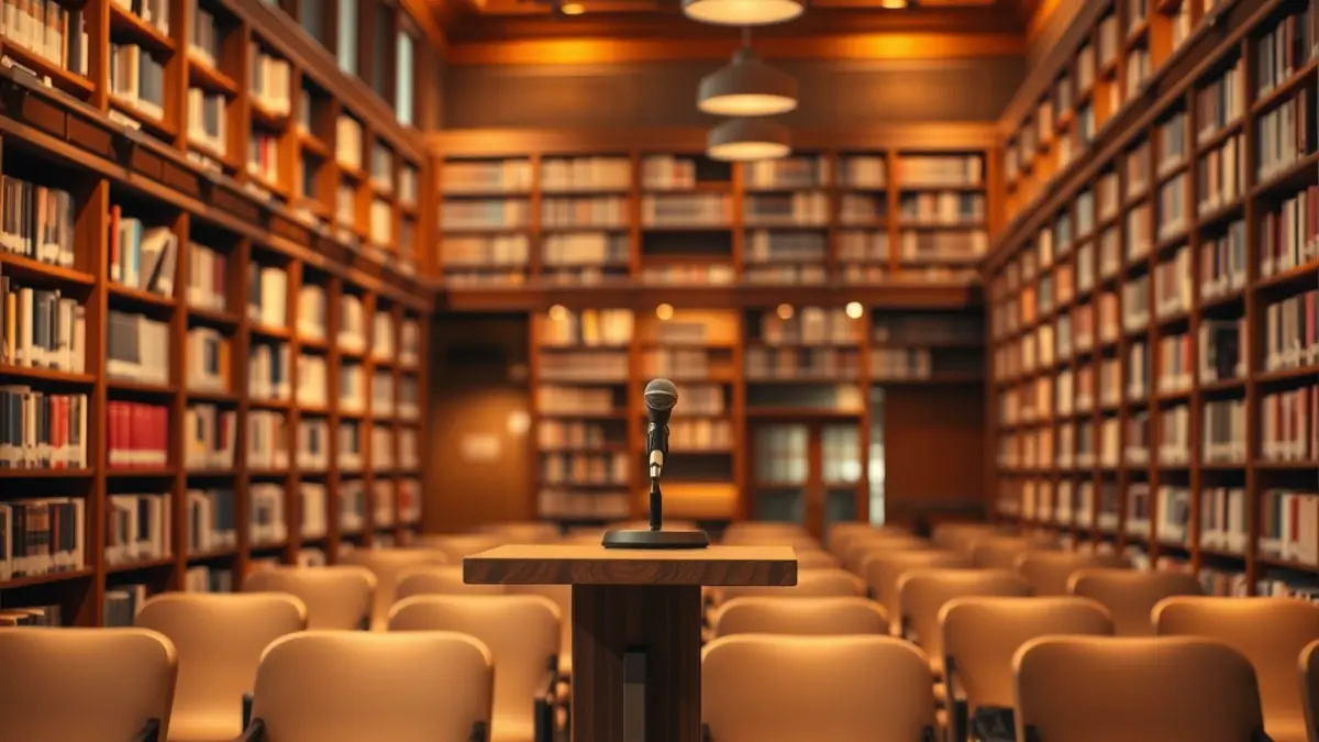 Imagen genérica de un interior de biblioteca con estanterías de madera y un podio con micrófono, iluminación cálida.