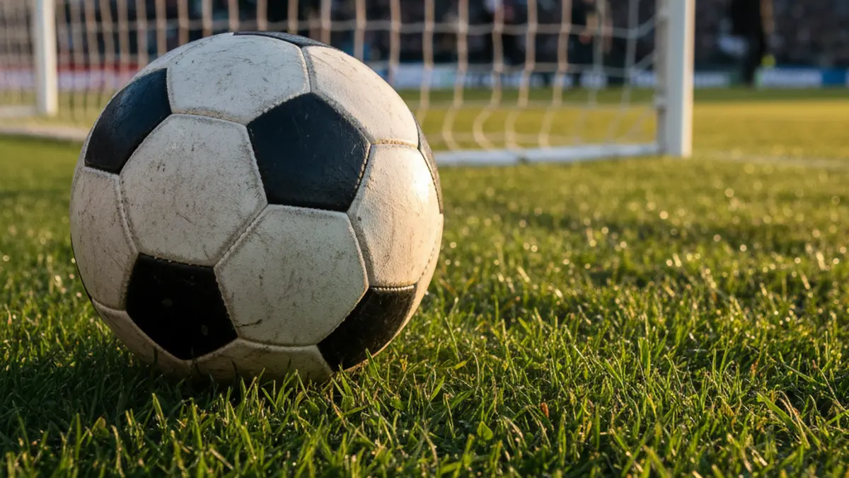 Generic image of a soccer ball on a grassy field, with a blurred goal net in the background.