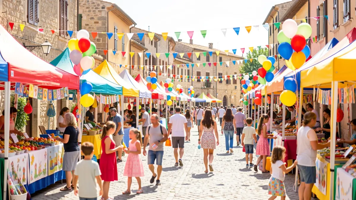 Imatge genèrica d'una plaça de poble mediterrani decorada per a una festa infantil.