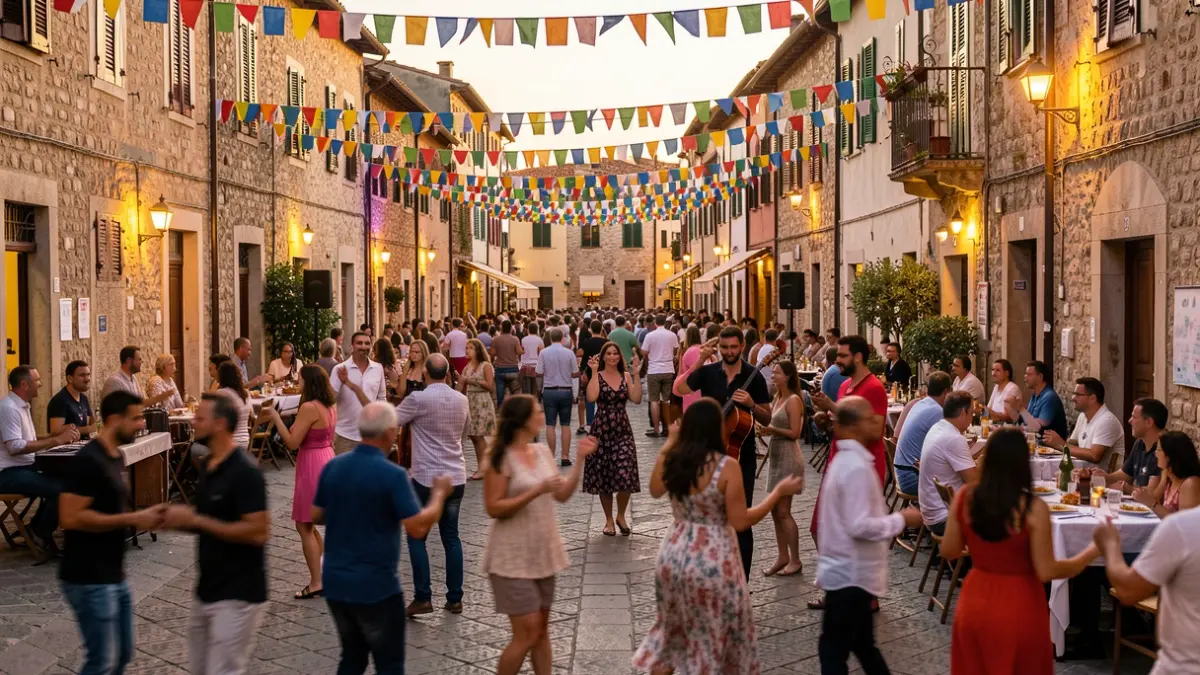 Imagen genérica de una fiesta popular en la calle con gente y decoraciones.