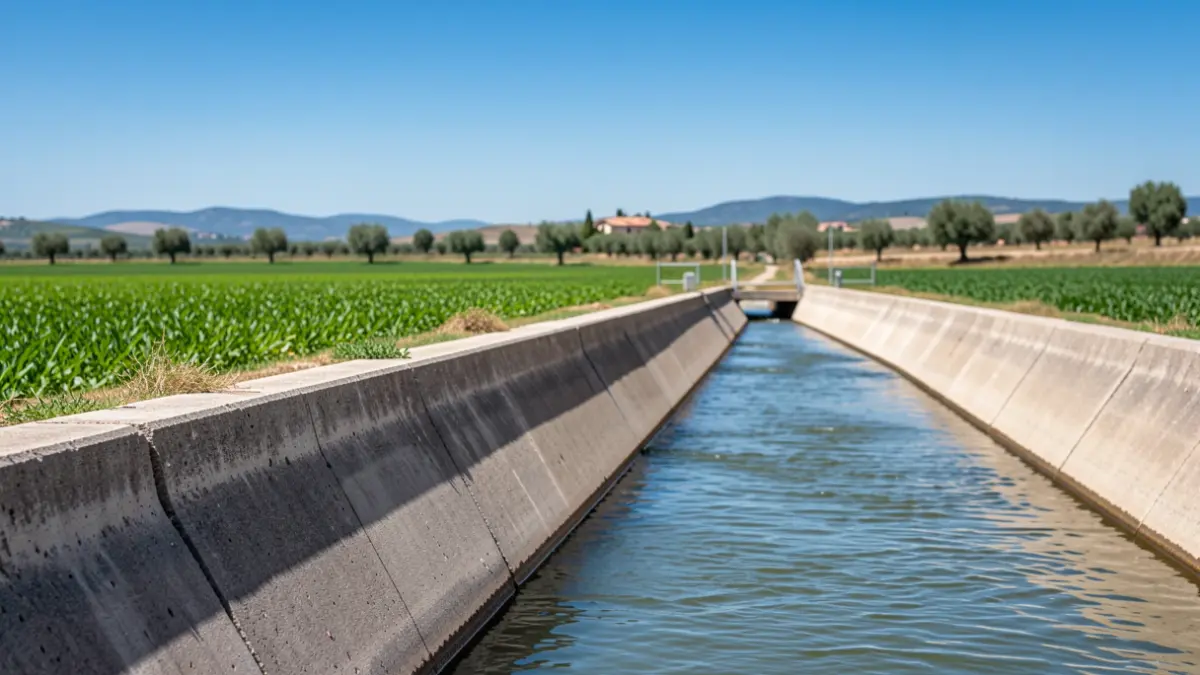 Generic image of a renovated irrigation canal with flowing water and fields in the background.