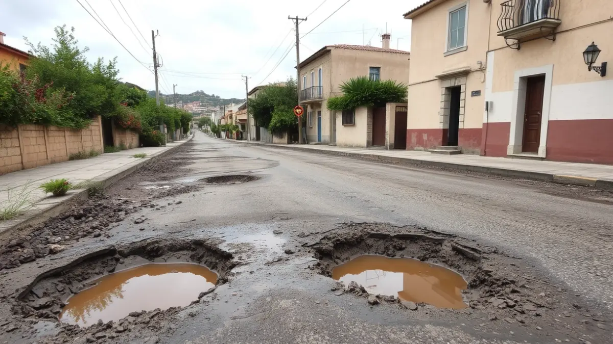 Image of an unpaved street with potholes filled with water and mud in a residential area.